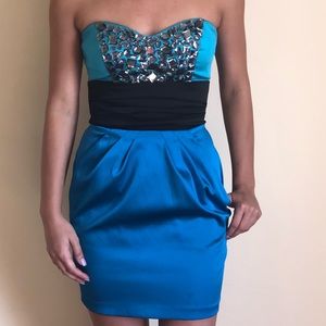 Blue BEBE rhinestone dress